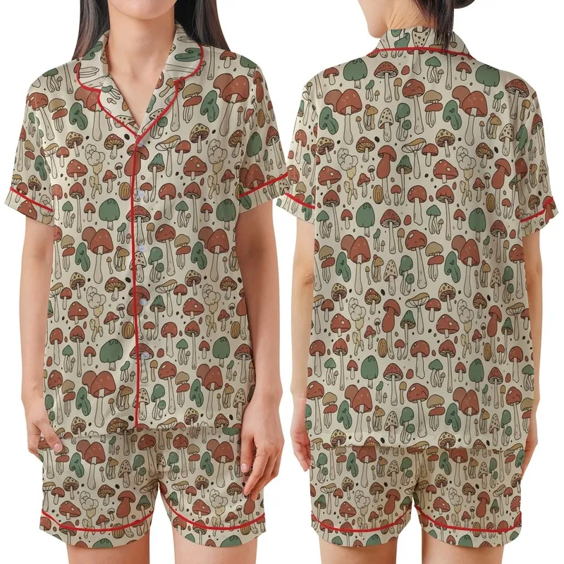 Nature Lover's Whimsical Hand-Drawn Mushroom Pattern: Earthy Terracotta & Sage Fungi Design Satin Short-Sleeve Pajamas Set - 1