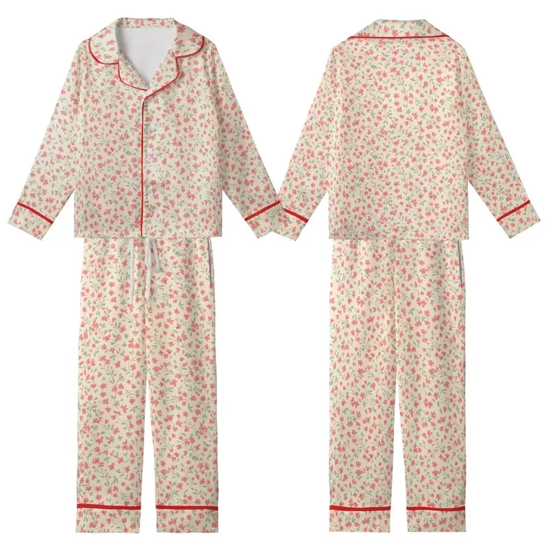 Women's Delicate Wildflower Loungewear - Ditsy Coral Rose Pink Sage Green Kid Satin Pajamas Set - JE9g4whgux