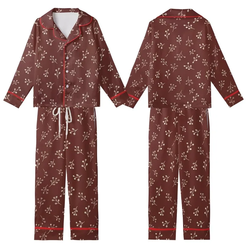 Retro Style Enthusiast's Tiny Cream Leaf & Berry Scatter on Deep Reddish-Brown Hand-Drawn Design Kid Satin Pajamas Set - 1