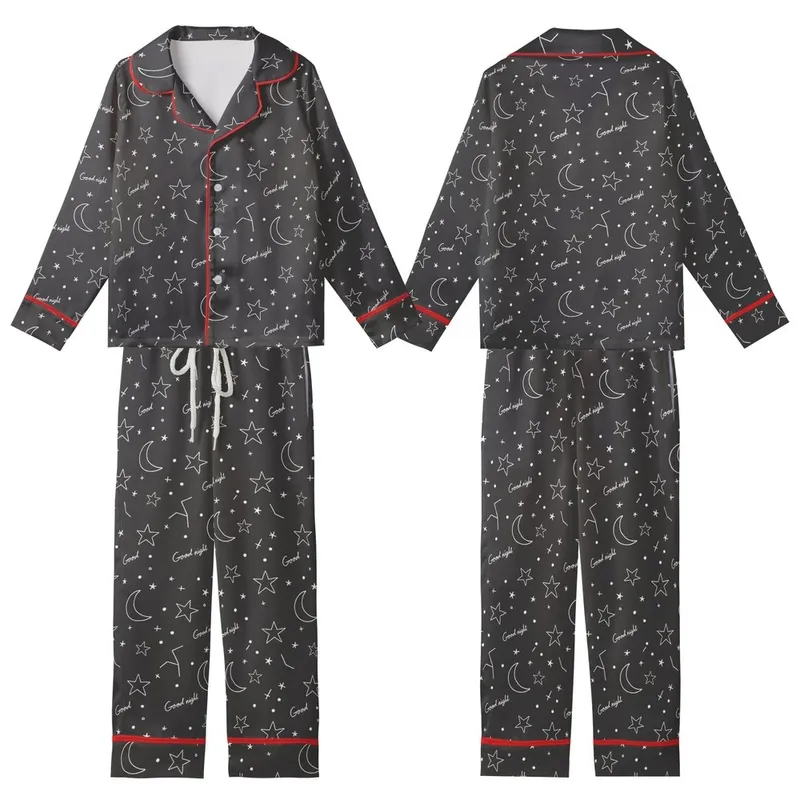 Celestial Dreamer's White Line Art Stars Moon 'Good Night' Script Sleep Set Kid Satin Pajamas Set - 1