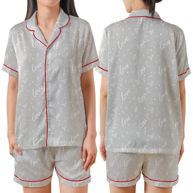 Kindred Spirit's Heather Grey Cursive Love Script Hand-drawn Heart Dot Casual Top Satin Short-Sleeve Pajamas Set - 1