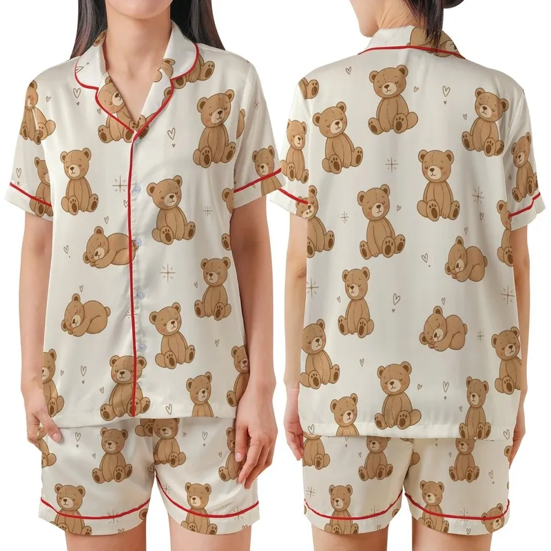 Dreamy Comfort for Gentle Souls: Whimsical Teddy Bears & Sleepy Poses - Cozy Wear Satin Short-Sleeve Pajamas Set - jTo7lKj_us