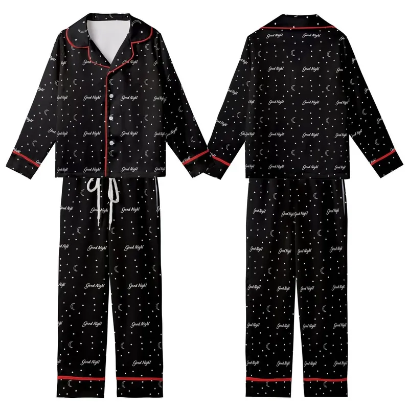 Dreamer's Cozy Wearable: Good Night Script, Crescent Moons & Stars - Minimalist Black White Kid Satin Pajamas Set - 1