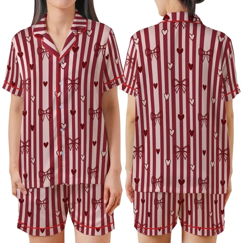 Sweetheart's Delight: Pale Pink Crimson Vertical Stripe Bow & Heart Satin Short-Sleeve Pajamas Set - 1