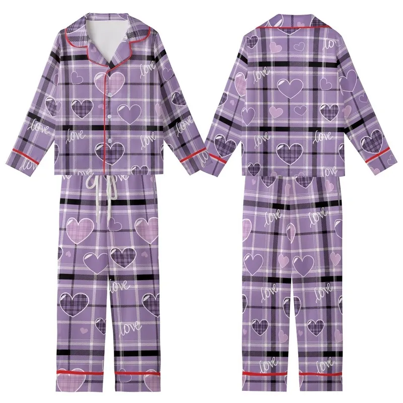Romantic Lavender Purple Tartan Plaid Love Hearts Script Graphic Wear Kid Satin Pajamas Set - 1