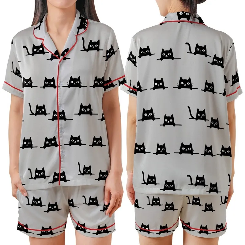 Cat Lover's Playful Peeking Black Cat Pattern - Heather Grey Tee Satin Short-Sleeve Pajamas Set - Lre9vwCtD5