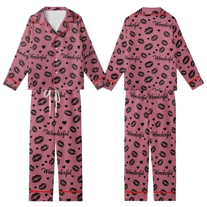Expressive Woman's Distressed Black Lips & Wonderful Grunge Pattern - Heather Deep Pink Casual Top Kid Satin Pajamas Set - 1