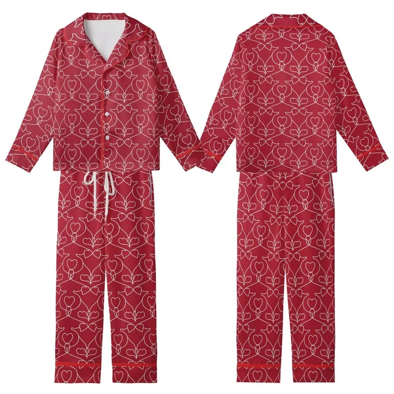 Ruby Red Hearts Motif: Delicate Outlines, Elegant Intertwined White Lines Pattern Kid Satin Pajamas Set - 35ID-7b-Sf