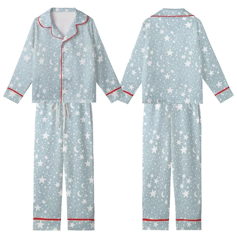Stargazer's Minimalist White Stars & Moon Pattern - Blue-Grey Celestial Loungewear Kid Satin Pajamas Set - 1