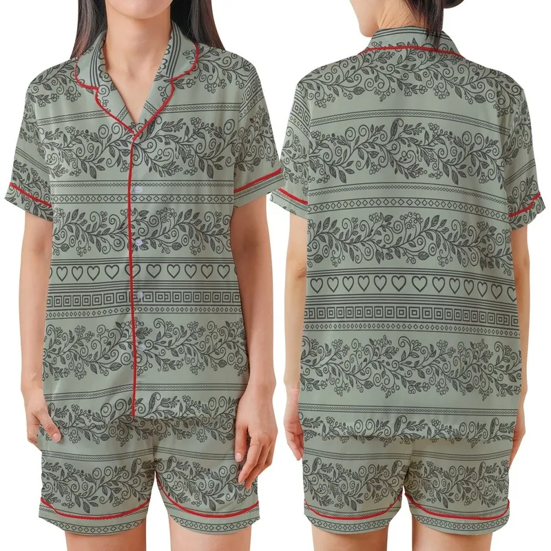 Folkloric Charm: Sage Green & Charcoal Gray Greek Key Vine Heart Bands - Textile Pattern Satin Short-Sleeve Pajamas Set - iLTdymkFXf