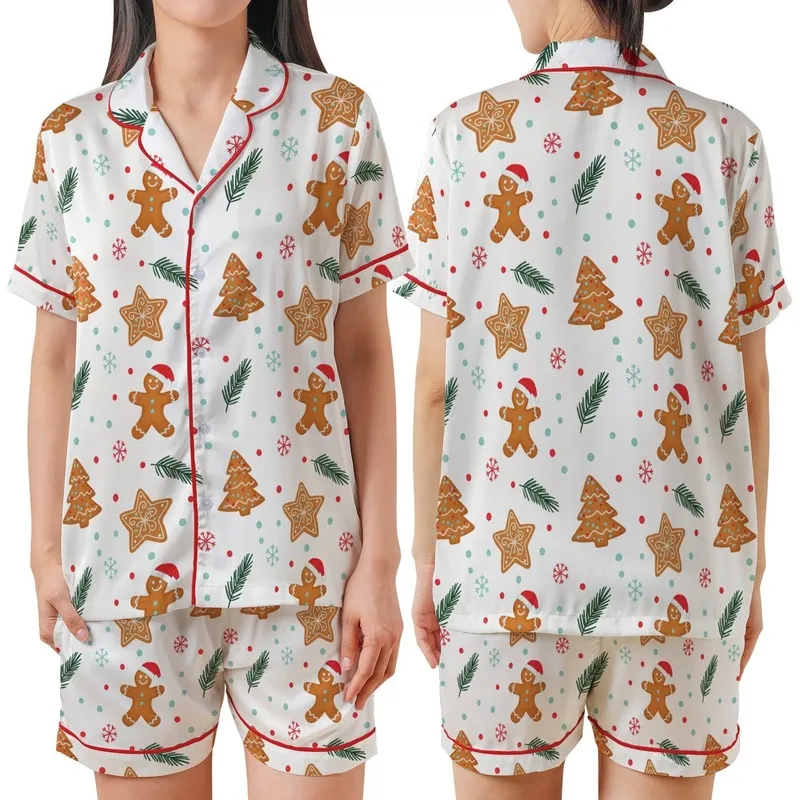 Whimsical Holiday Gingerbread: Hand-Drawn Cookies, Santa Hats, Teal Snowflakes & Evergreen Sprigs Design Satin Short-Sleeve Pajamas Set - 1
