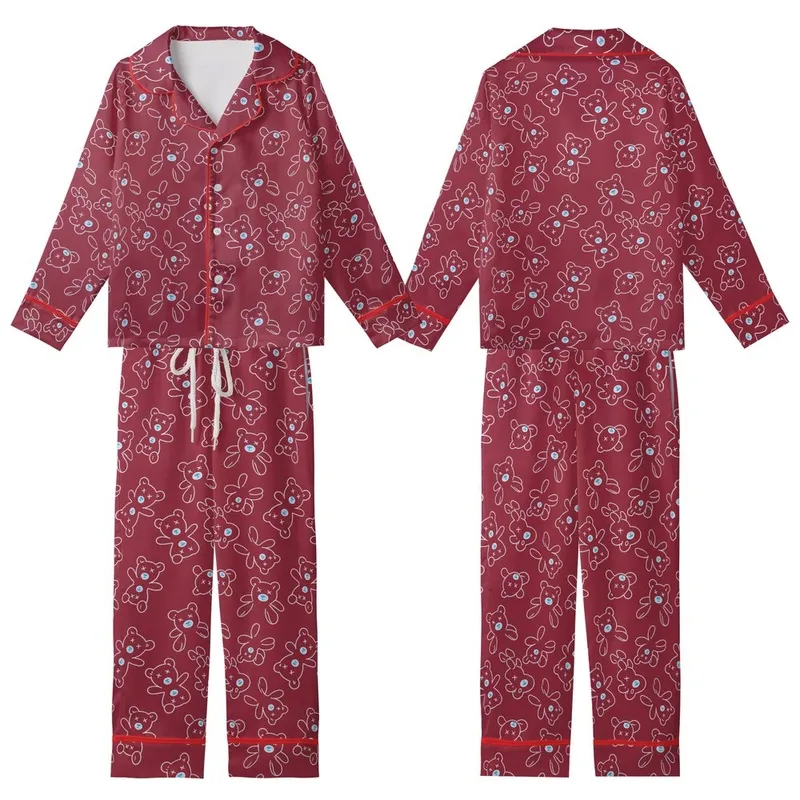 Teddy Bear Lover: Minimalist Outline X-Eyed Bear Repeating Design with Light Blue Nose on Deep Burgundy Wearable Art Piece Kid Satin Pajamas Set - RquX_QaPMN
