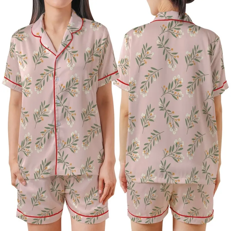 Soft Pink Botanical Sprigs: Olive Leaves, Cream Flowers & Pale Orange Berries Satin Short-Sleeve Pajamas Set - BqJWyz0Fqz