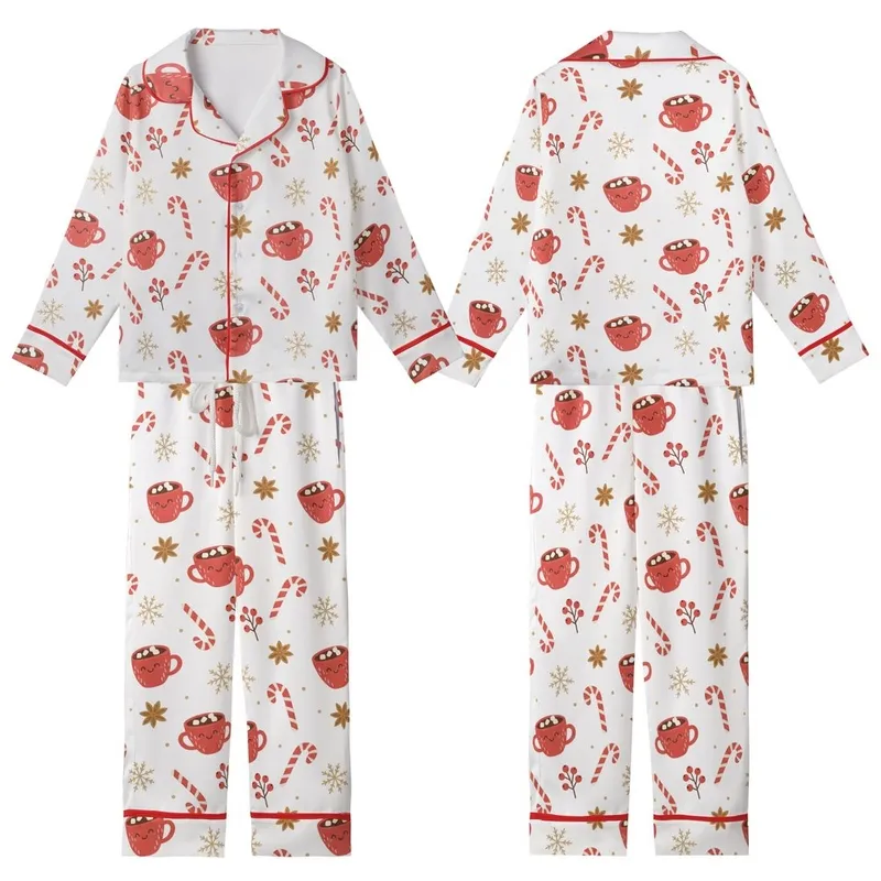 Festive Winter Charm: Pure White Candy Cane Cocoa Mug Berry Anise Snowflake Loungewear Kid Satin Pajamas Set - APMmEm6xqm