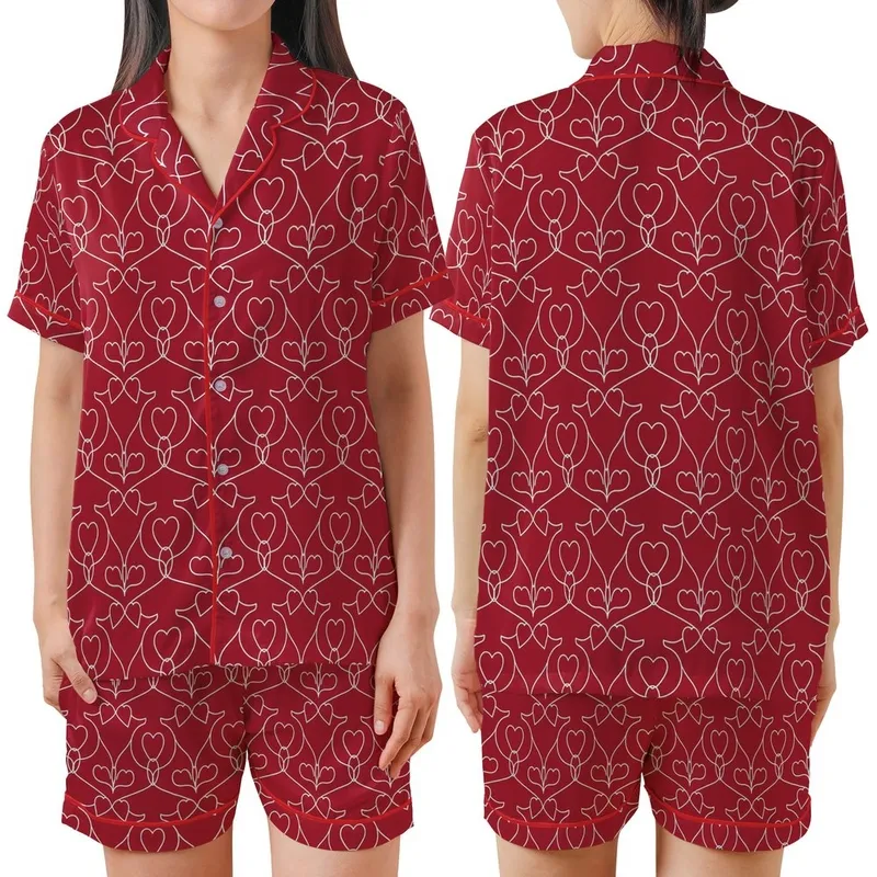 Ruby Red Hearts Motif: Delicate Outlines, Elegant Intertwined White Lines Pattern Satin Short-Sleeve Pajamas Set - RwHsSHRm9K