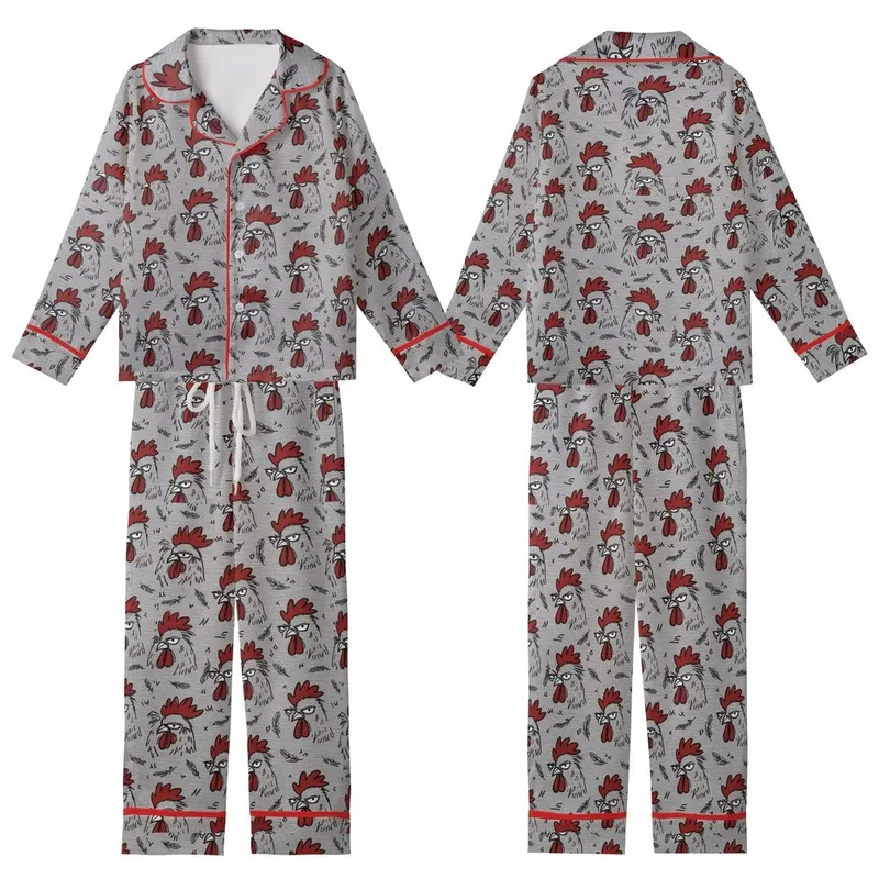 Grumpy Rooster All-Over Design: Sketchy Red & Black Fowl Heads Satin Short-Sleeve Pajamas Set - 9nyaq5NG3A