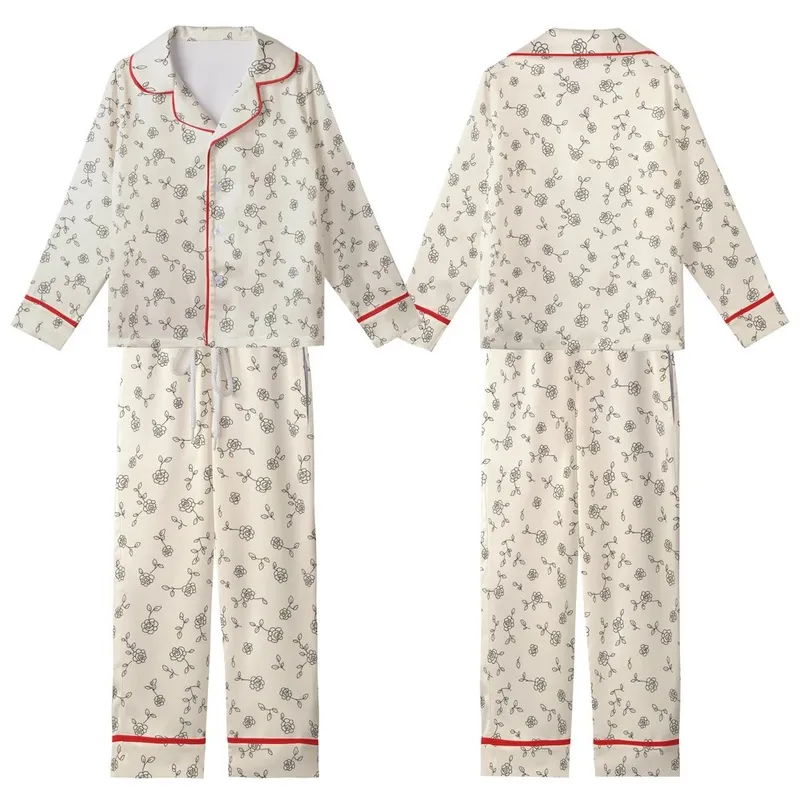 Nature Inspired Scattered Tiny Black Outline Rose Pattern Creamy Off-White Wearable Kid Satin Pajamas Set - 1