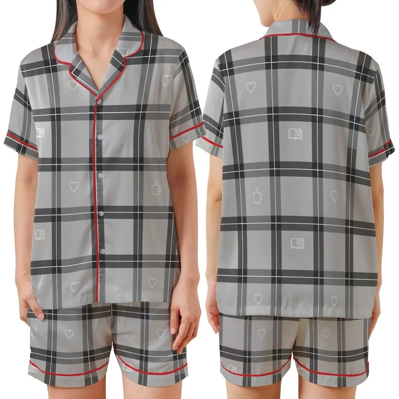 Cozy Everyday: Charcoal Tartan Plaid with Coffee Book Heart Icons - Muted Grey Style Satin Short-Sleeve Pajamas Set - 1tbTt1YnKj