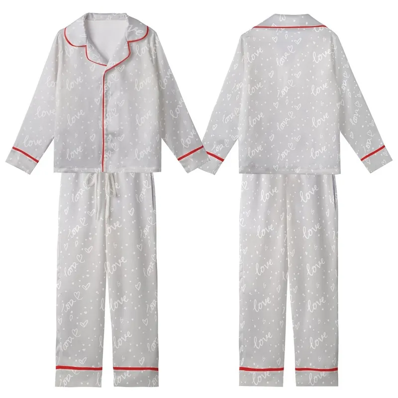 Kindred Spirit's Heather Grey Cursive Love Script Hand-drawn Heart Dot Casual Top Kid Satin Pajamas Set - 1
