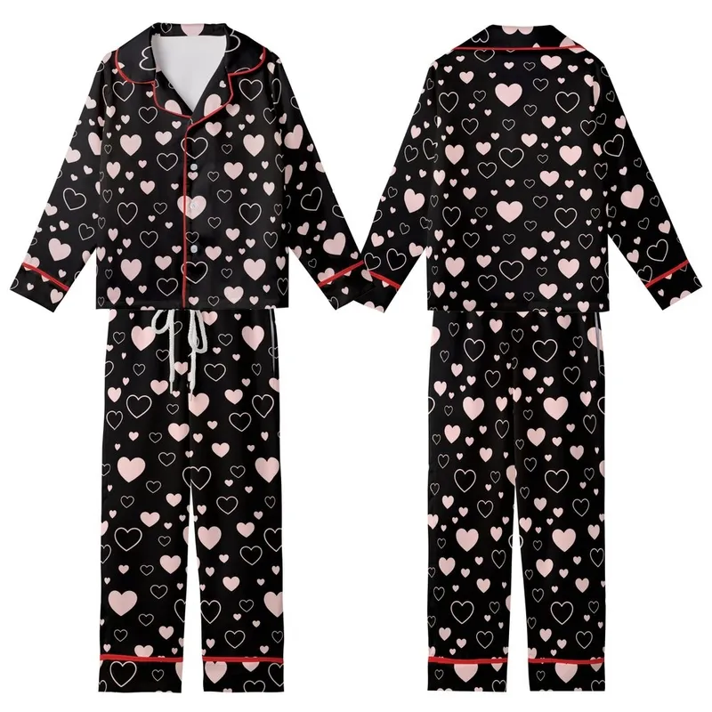Love-Themed Scattered Light Pink Hearts Solid & Outline on Black Wearable Satin Short-Sleeve Pajamas Set - 1