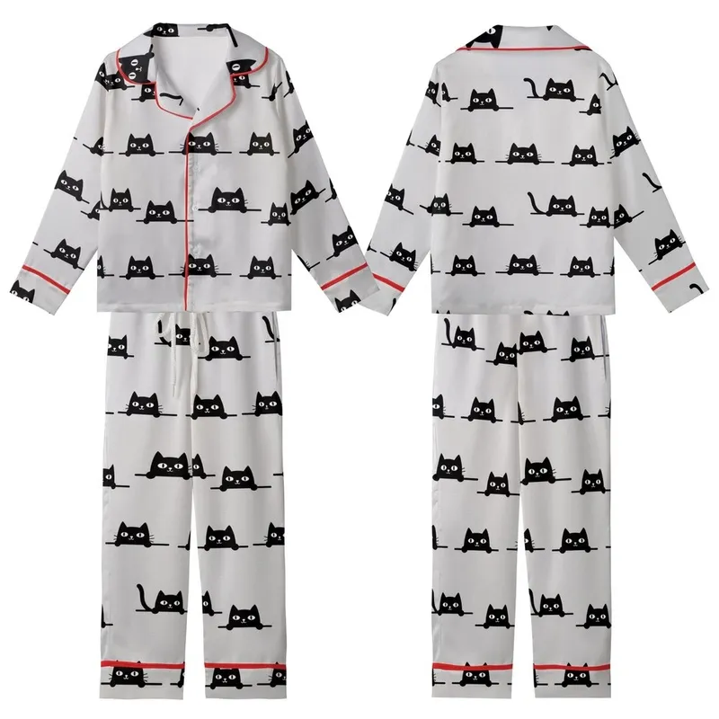Cat Lover's Playful Peeking Black Cat Pattern - Heather Grey Tee Kid Satin Pajamas Set - _dRdapXIxK