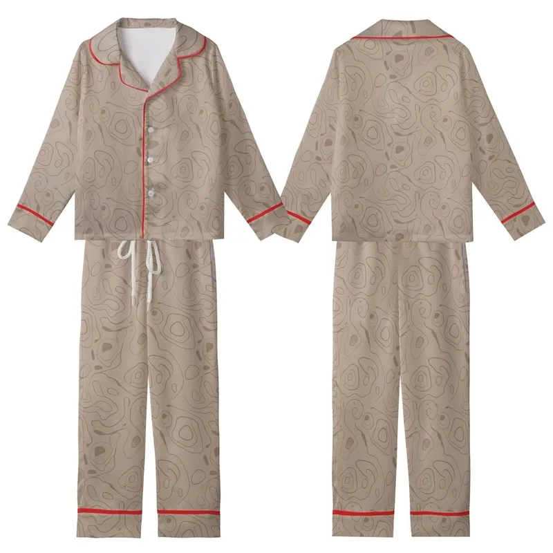 Sophisticated Minimalist Style Subtle Taupe Organic Lines Abstract Shapes All-Over Print Design Kid Satin Pajamas Set - 1