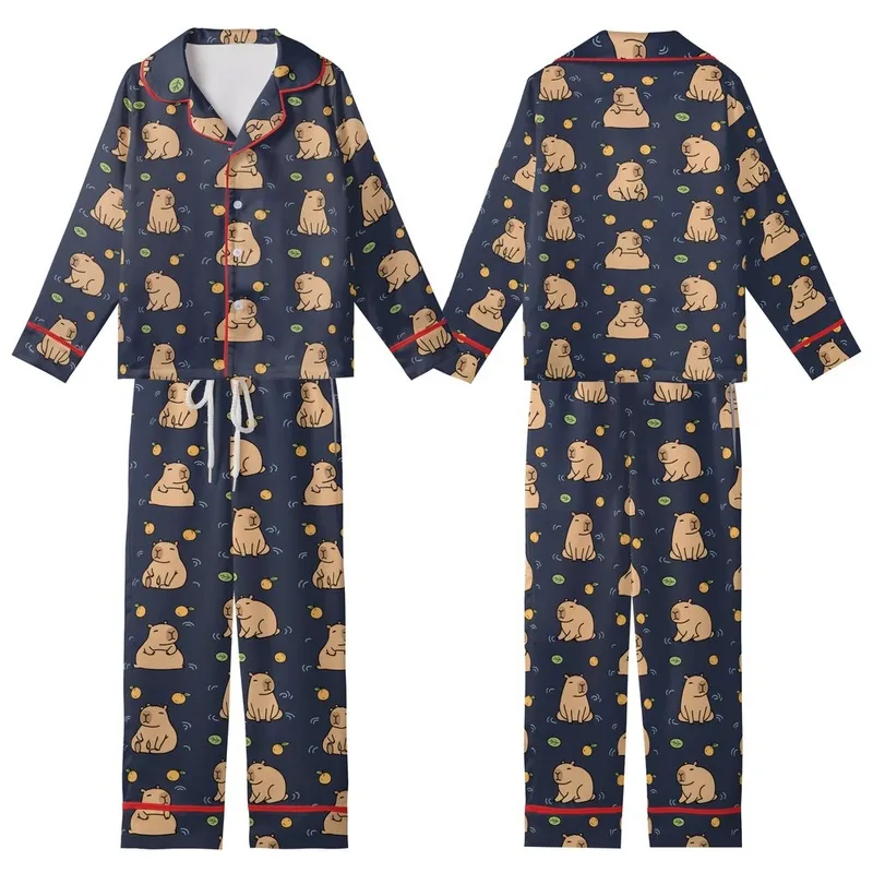Capybara Lover: Playful Cartoon Capybara Towers & Floating Friends on Dark Navy with Fruits & Lily Pads Wearable Design Kid Satin Pajamas Set - ySy7L88bB3