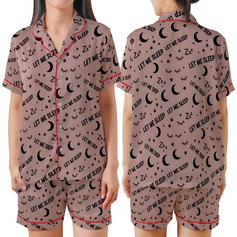 Cozy Dreamer's Dusty Rose 'LET ME SLEEP' Moons Stars Zzz Eyes Pattern Satin Short-Sleeve Pajamas Set - 8Vy6eMMC8Z