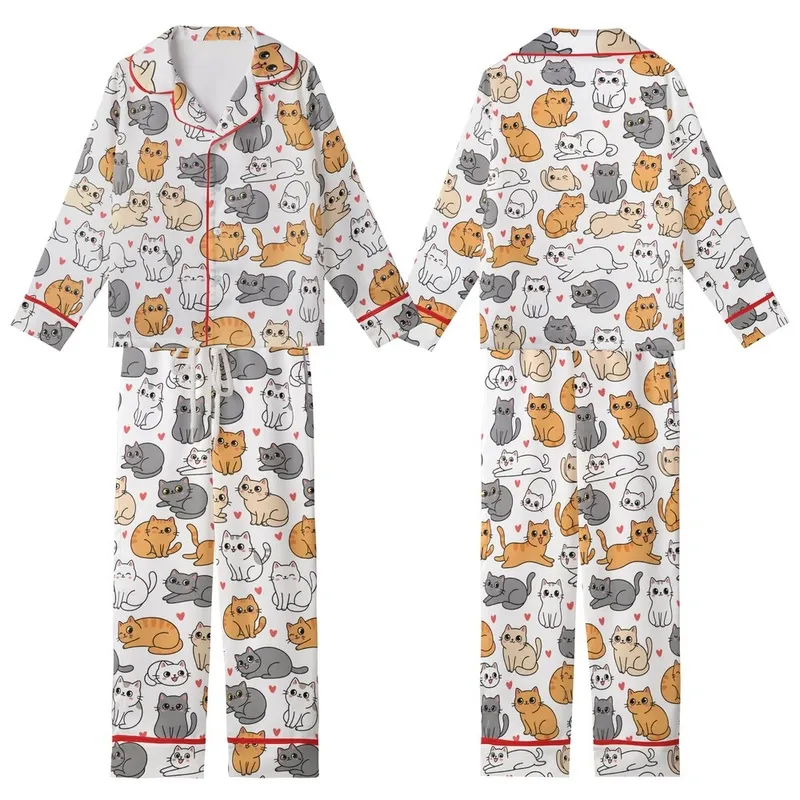 Cat Lover's Whimsical Kawaii Smiling Kittens & Red Hearts All-Over Motif Kid Satin Pajamas Set - L5AGr2Oeg5