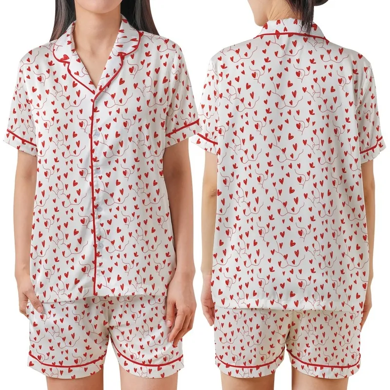 Romantic Hand-Sketched Red Hearts & Wispy Tendrils All-Over Wearable Satin Short-Sleeve Pajamas Set - znZ5Ka-AHe