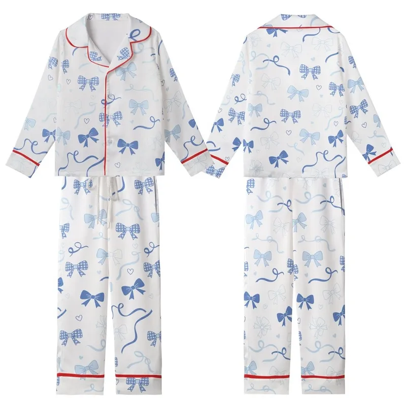 Whimsical Dreamer's Pastel Blue Scattered Bows, Checkerboard Accents & Ribbons Fashion Piece Kid Satin Pajamas Set - 1