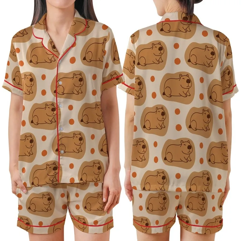 Capybara Lover's Cozy Pattern: Cute Capybara Heads & Orange Pom-Poms - Warm Beige Design Satin Short-Sleeve Pajamas Set - ThQ8GbZyD7