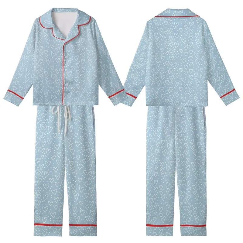 Dreamy Style: Pastel Sky Blue Outline Hearts & Dots Scattered Pattern - Wearable Item Kid Satin Pajamas Set - 1