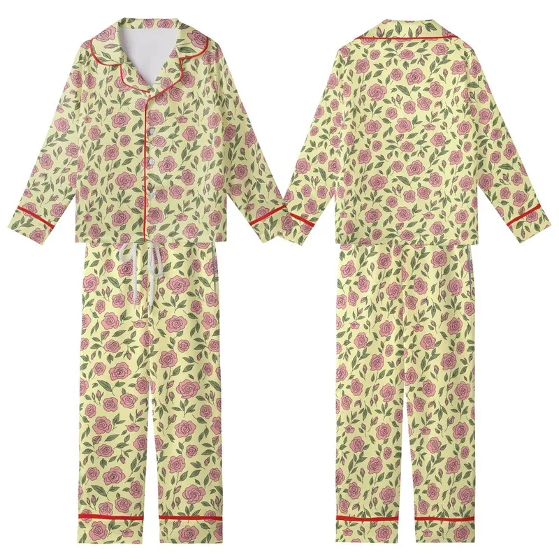 Cheery Rose Garden: Light Yellow Pink Floral Hand-Drawn Customizable Garment Kid Satin Pajamas Set - 73glvfbye6