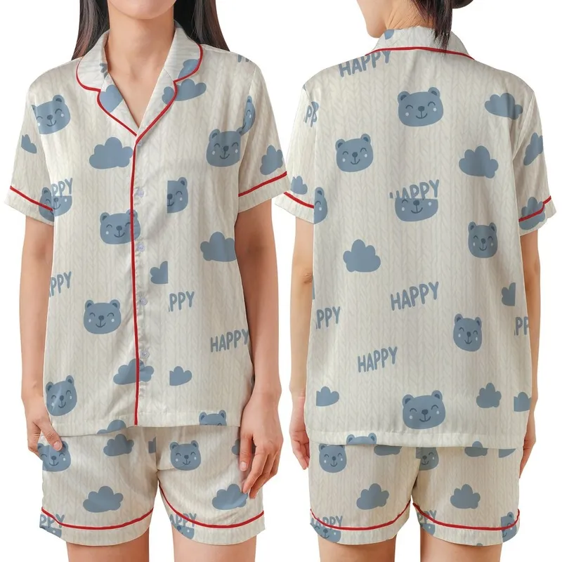 Cozy Comfort Seeker: Faux Cable Knit Bear Cloud HAPPY Design - Creamy Off-White & Muted Blue-Grey Piece Satin Short-Sleeve Pajamas Set - jFl_a0lDIk