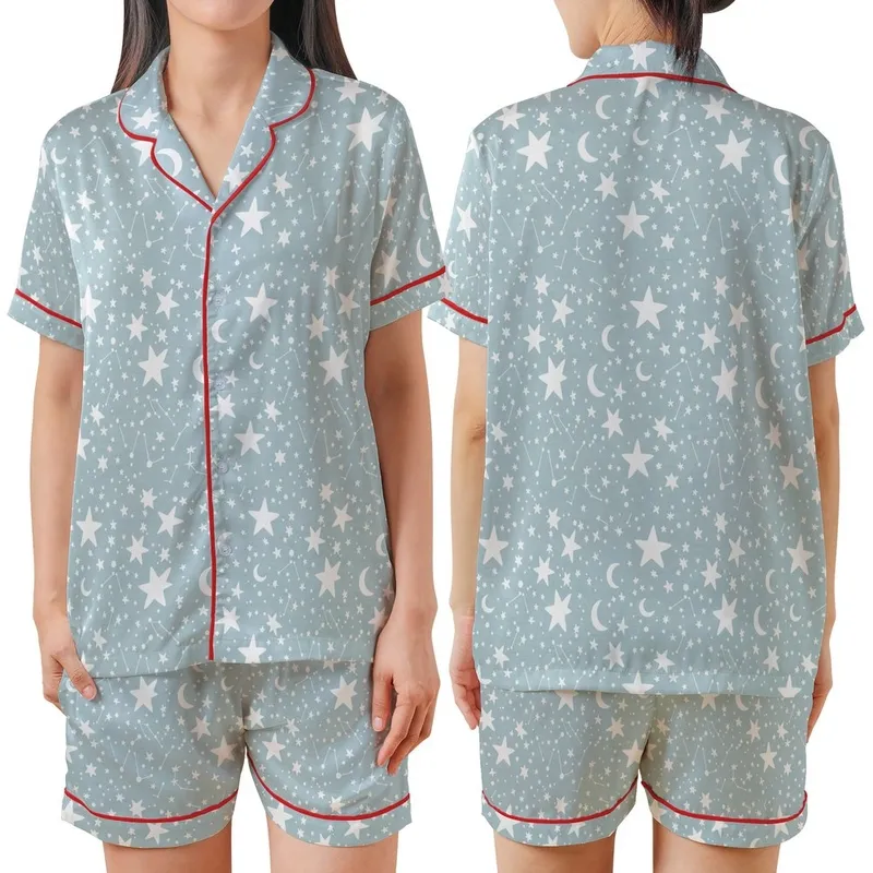 Stargazer's Minimalist White Stars & Moon Pattern - Blue-Grey Celestial Loungewear Satin Short-Sleeve Pajamas Set - 1