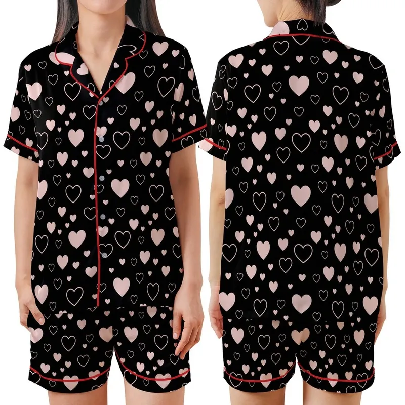 Love-Themed Scattered Light Pink Hearts Solid & Outline on Black Wearable Satin Short-Sleeve Pajamas Set - 1