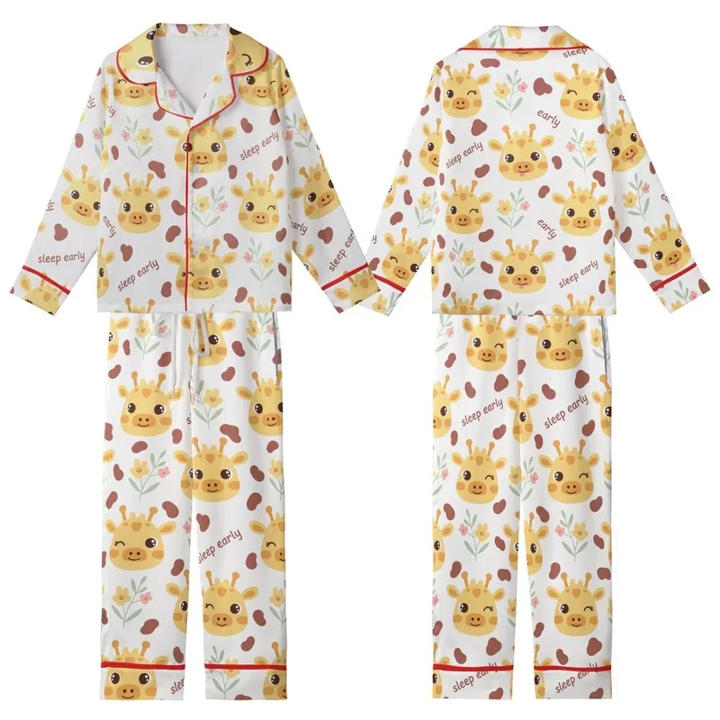 Gentle Baby Giraffe Sleep Set: Red-Brown Spot & Pink Flower Pattern with 'Sleep Early' Text Kid Satin Pajamas Set - 1