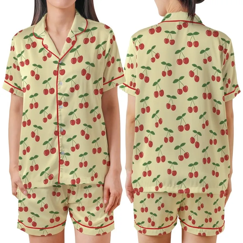 Women's Bright Red Cherry Clusters with Green Stems & Leaves – Whimsical Yellow Pattern – Comfort Loungewear Satin Short-Sleeve Pajamas Set - G1bnwkxDmq