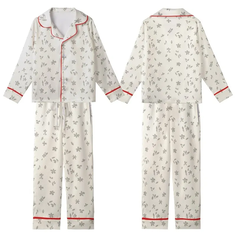 Minimalist Style Lover's Sparse Floral Leaf Pattern - Soft Taupe Wearable Art Kid Satin Pajamas Set - FEAZqrKGkI