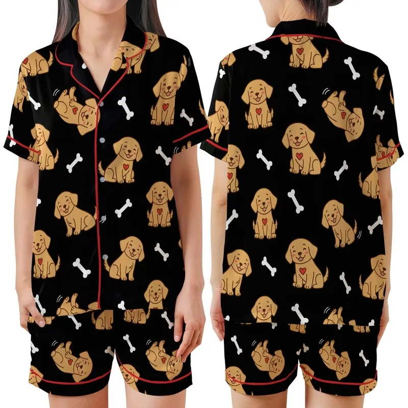 Golden Retriever Lover: Playful Puppies, Rosy Cheeks, Red Hearts & Bones Pattern - Black Background Satin Short-Sleeve Pajamas Set - 1