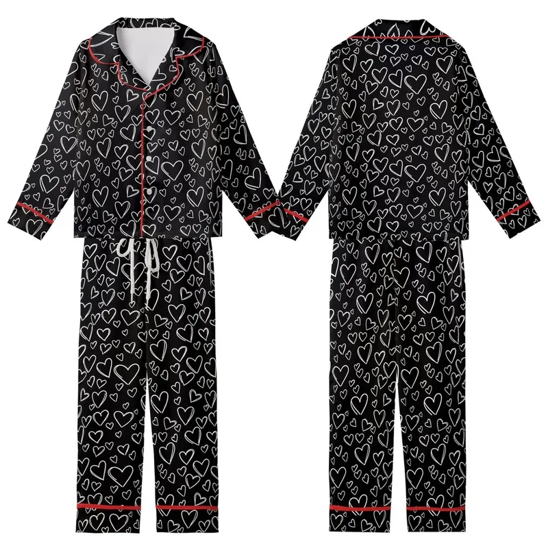 Casual Heart Enthusiast: Scattered White Outline Heart Doodles Black – Everyday Print Design Kid Satin Pajamas Set - 1