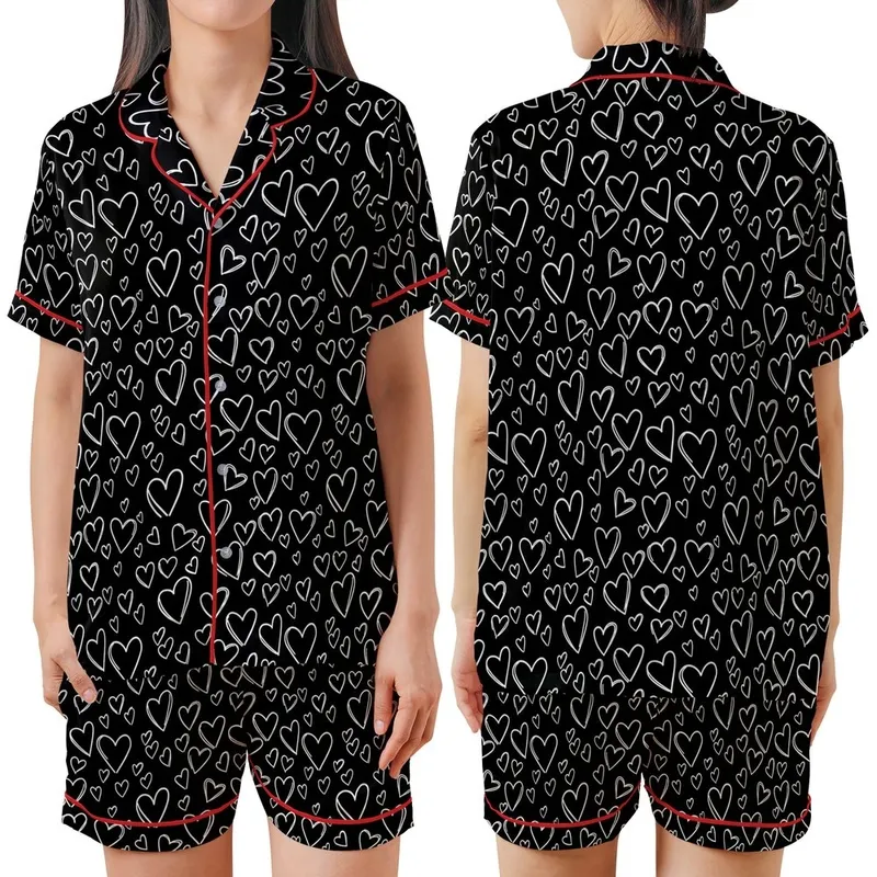 Casual Heart Enthusiast: Scattered White Outline Heart Doodles Black – Everyday Print Design Satin Short-Sleeve Pajamas Set - 1