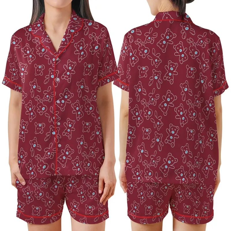 Teddy Bear Lover: Minimalist Outline X-Eyed Bear Repeating Design with Light Blue Nose on Deep Burgundy Wearable Art Piece Satin Short-Sleeve Pajamas Set - -aGZnFyRyE