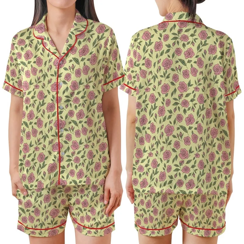 Cheery Rose Garden: Light Yellow Pink Floral Hand-Drawn Customizable Garment Satin Short-Sleeve Pajamas Set - 1