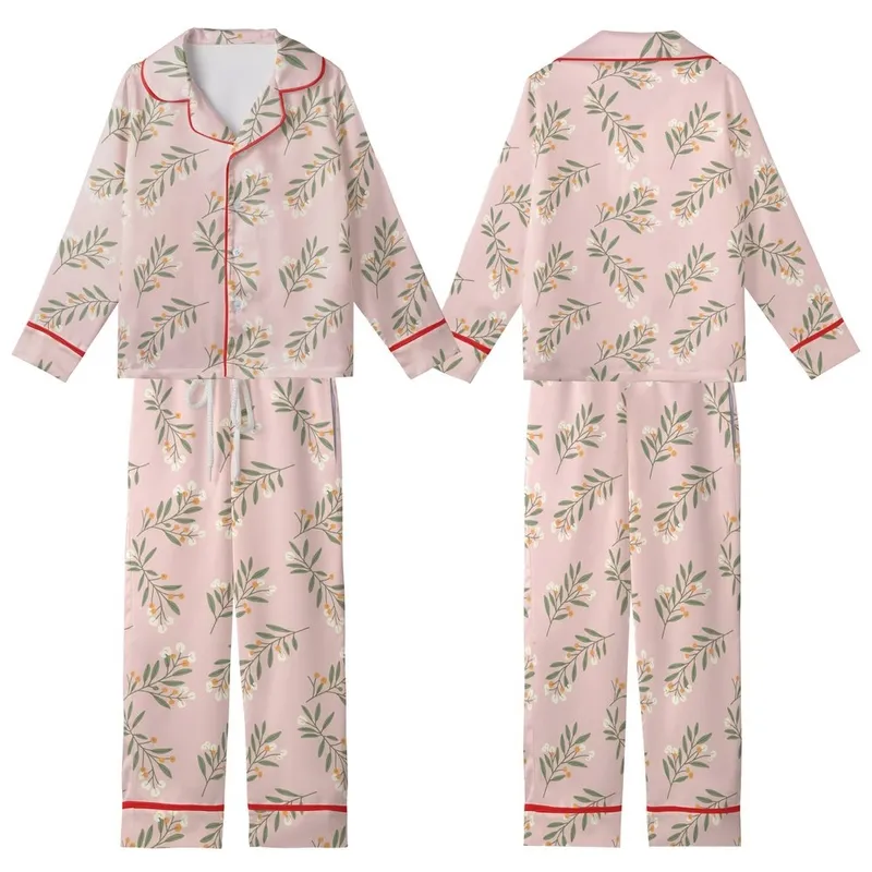 Soft Pink Botanical Sprigs: Olive Leaves, Cream Flowers & Pale Orange Berries Kid Satin Pajamas Set - j4QaZYimDM