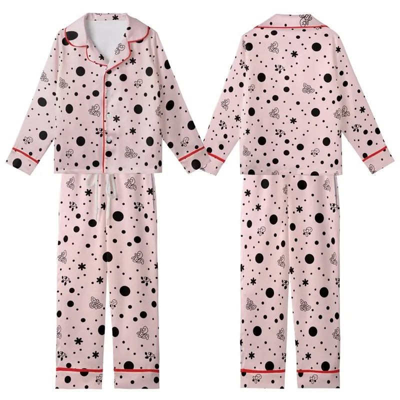 Women's Light Pink Black Polka Dot & Abstract Lace Motif Ensemble Kid Satin Pajamas Set - 1