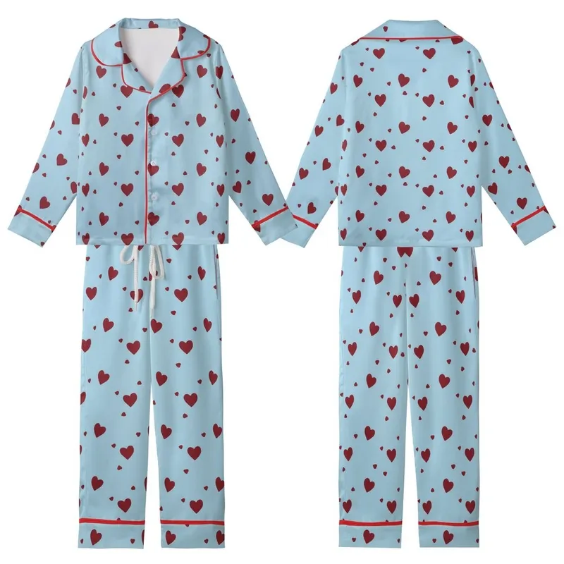 Minimalist Love Top: Pale Sky Blue Scattered Maroon Hearts Kid Satin Pajamas Set - 1