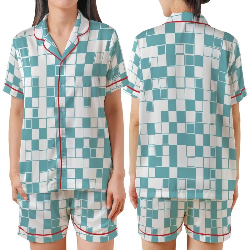 Modern Geometry Lover: Vibrant Teal White Rectangular Square Block Design Satin Short-Sleeve Pajamas Set - 1