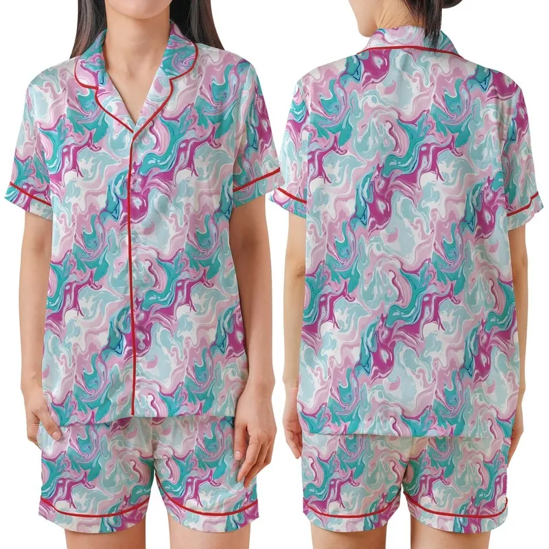 Ethereal Spirit's Abstract Fluid Art: Pastel Pink Blue Teal Fuchsia Marble Swirl Wearable Art Satin Short-Sleeve Pajamas Set - 1